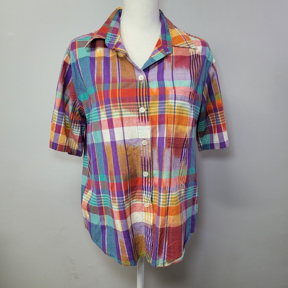 Koret Francisca Vintage Colorful Plaid Short Sleeve Shirt Womens Large